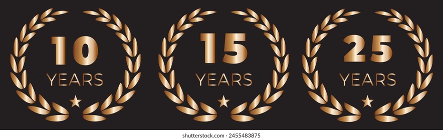Anniversary icon or logo set with laurel wreath. 10, 20, 30, 40 ,50, 60, 70, 80, 90, 100 years jubilee, birthday golden badge, label or emblem. Celebration design element. Vector illustration.