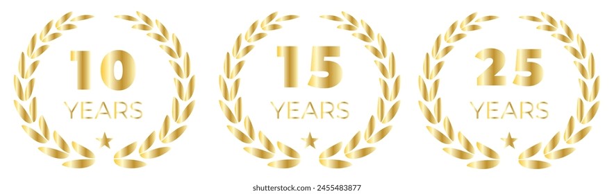 Anniversary icon or logo set with laurel wreath. 10, 20, 30, 40 ,50, 60, 70, 80, 90, 100 years jubilee, birthday golden badge, label or emblem. Celebration design element. Vector illustration.