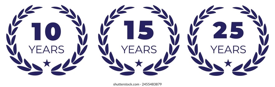 Anniversary icon or logo set with laurel wreath. 10, 20, 30, 40 ,50, 60, 70, 80, 90, 100 years jubilee, birthday golden badge, label or emblem. Celebration design element. Vector illustration.