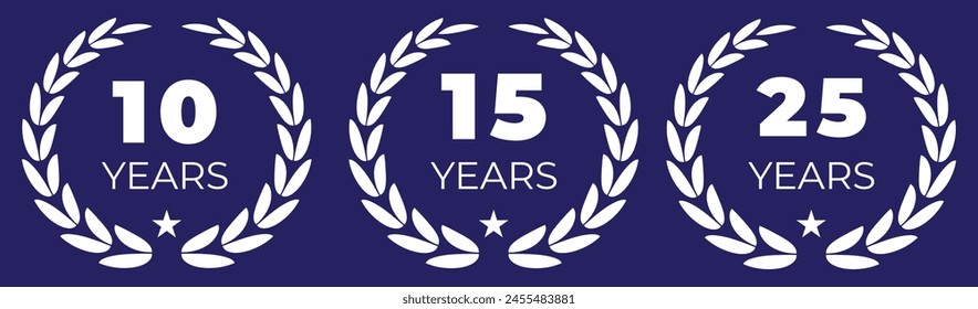 Anniversary icon or logo set with laurel wreath. 10, 20, 30, 40 ,50, 60, 70, 80, 90, 100 years jubilee, birthday golden badge, label or emblem. Celebration design element. Vector illustration.