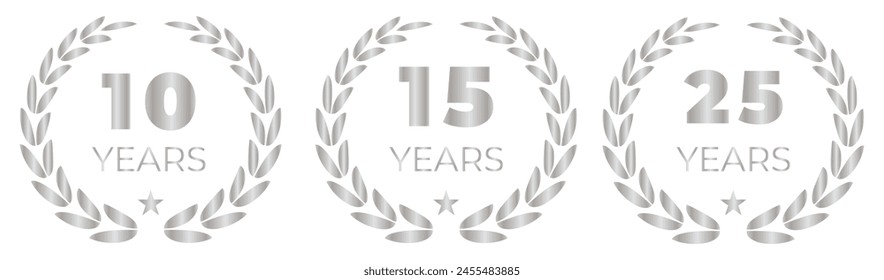 Anniversary icon or logo set with laurel wreath. 10, 20, 30, 40 ,50, 60, 70, 80, 90, 100 years jubilee, birthday golden badge, label or emblem. Celebration design element. Vector illustration.