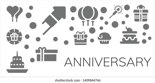 anniversary icon set. 11 filled anniversary icons.  Collection Of - Balloons, Fireworks, Gift, Cake, Muffin, Sparkler