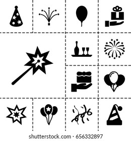 Anniversary icon. set of 13 filled anniversary icons such as balloon, fireworks, party hat, confetti, wine bottle and glass, gift on hand, sparklers