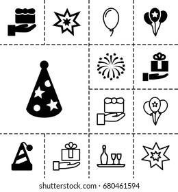 Anniversary icon. set of 13 filled and outline anniversary icons such as fireworks, party hat, balloon, gift on hand, wine bottle and glass