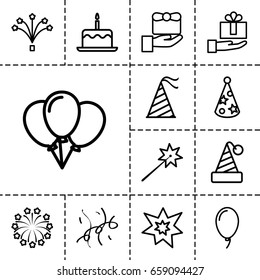 Anniversary icon. set of 13 outline anniversaryicons such as cake with one candle, party hat, balloon, fireworks, confetti, gift, sparklers