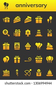 anniversary icon set. 26 filled anniversary icons.  Collection Of - Gift, Balloon, Cake, Present, Balloons, Gift box, Muffin, Party blower, Fireworks, Bow
