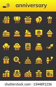 anniversary icon set. 26 filled anniversary icons.  Simple modern icons about  - Gift, Party whistle, Balloons, Cake, Muffin, Fireworks, Gift box, Birthday cake, Balloon, Presents