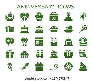  anniversary icon set. 30 filled anniversary icons. Simple modern icons about  - Gift, Bow, Muffin, Present, Gifts, Sparkler, Cake, Cakes, Balloons, Fireworks, Party blower