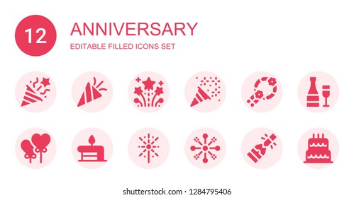 anniversary icon set. Collection of 12 filled anniversary icons included Confetti, Fireworks, Wreath, Heart balloon, Birthday cake, Champagne