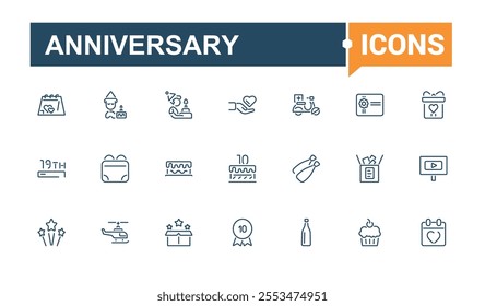 Anniversary icon set. Containing appreciate, balloons, balloon, celebration, balloons, anniversary, banquet. Collection for mobile and web apps. Editable vector stroke.