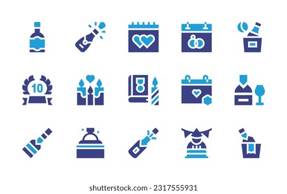 Anniversary icon set. Duotone color. Vector illustration. Containing champagne, wedding, calendar, anniversary, candles, history book, ring, birthday boy. 