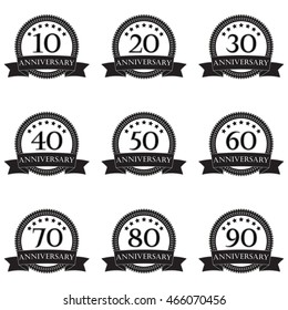 Anniversary icon set. Anniversary emblems with ribbon. 10,20,30,40,50,60,70,80,90 years. Celebration, invitation and congratulation design element. Vector illustration.