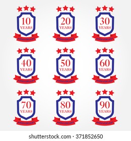 Anniversary icon set. Anniversary emblems with shield and ribbon. 10,20,30,40,50,60,70,80,90 years. Celebration, invitation and congratulation design element. Colorful vector illustration.