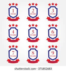 Anniversary icon set. Anniversary emblems with shield and ribbon. 1,2,3,4,5,6,7,8,9 years. Celebration, invitation and congratulation design element. Colorful vector illustration.