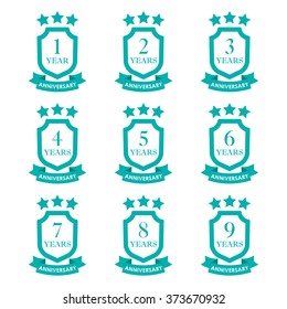 Anniversary icon set. Anniversary emblems with shield and ribbon. 1,2,3,4,5,6,7,8,9 years. Celebration, invitation and congratulation design element. Vector illustration.