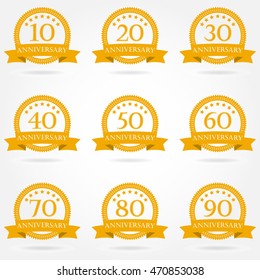 Anniversary icon set. Emblems and stamps with ribbon. 10,20,30,40,50,60,70,80,90 years design elements. Vector illustration.