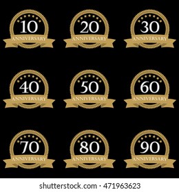 Anniversary icon set. Emblems and stamps with ribbon. 10,20,30,40,50,60,70,80,90 years design elements. Vector illustration.
