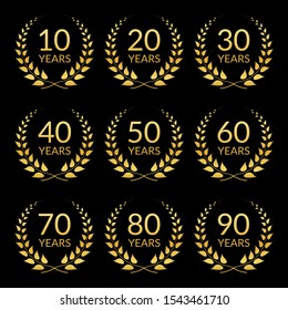 Anniversary icon set. Golden laurel wreath logo collection with 10,20,30,40,50,60,70,80,90 years. Birthday and celebration card template. Vector illustration. 