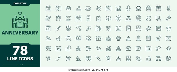 Conjunto de iconos de aniversario. Conjunto de iconos feliz. colección de iconos de contorno de Vector. Pictogramas de celebración, fiesta, sorpresa, presente, entretenimiento y más. Trazo editable. Píxel perfecto.