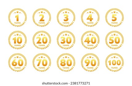 Anniversary icon set with laurel wreath. 10, 20, 30, 40 ,50, 60, 70, 80, 90, 100 years jubilee. Celebration anniversary event. Vector stock illustration