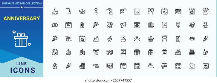 Anniversary icon set in linear style. Containing present, celebration, event, celebrate, festival, holiday, party and more. Thin UI icons. Celebration modern icon. Pixel perfect. Editable stroke.