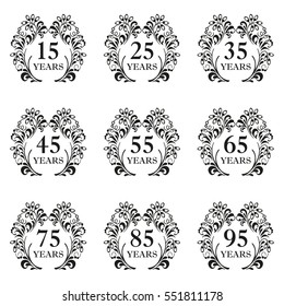 Anniversary icon set in ornate frame with floral elements. Template for celebration and congratulation design. 15,25,35,45,55,65,75,85,95th anniversary labels. Vector illustration.