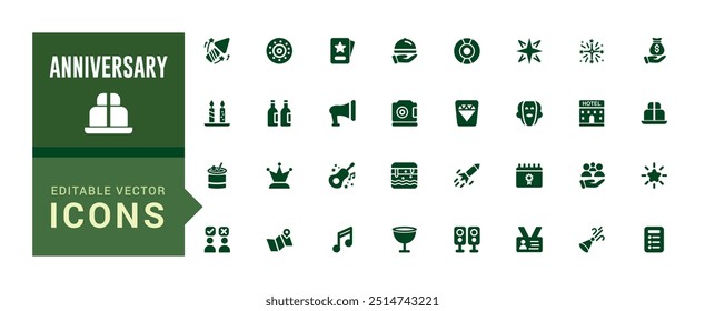 Conjunto de iconos de aniversario. Fiesta, celebración, paquete de iconos lleno. Cumpleaños, conjunto de iconos rellenos, conjunto de iconos de glifos para Web y ui. Conjunto de iconos sólidos. Ilustración vectorial.