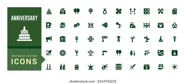 Anniversary icon set. Party, celebration, filled icons pack. Birthday, filled icon set, glyph icon set for web and ui. Solid icon set. Vector illustration.