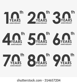 Anniversary icon set. Anniversary symbols isolated on white background. 10,20,30,40,50,60,70,80,90 years. Template for cards and congratulation design. Vector illustration.