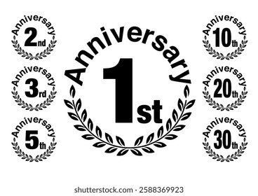 Anniversary icon vector illustration. Laurel leaf ornament design. Black circular icon set. White background.
