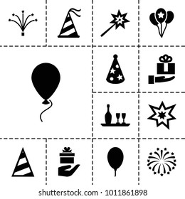 Anniversary icons. set of 13 editable filled anniversary icons such as sparklers, gift on hand, party hat, balloon, fireworks, wine bottle and glass