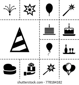 Anniversary icons. set of 13 editable filled anniversary icons such as cake with one candle, sparklers, balloon, heart cake, gift on hand, fireworks, wine bottle and glass