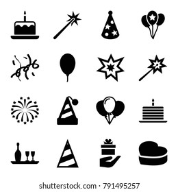 Anniversary icons. set of 16 editable filled anniversary icons such as cake with one candle, sparklers, party hat, balloon, heart cake, fireworks, confetti
