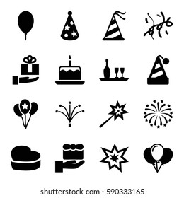 anniversary icons set. Set of 16 anniversary filled icons such as cake with one candle, heart cake, party hat, balloon, fireworks, confetti, wine bottle and glass