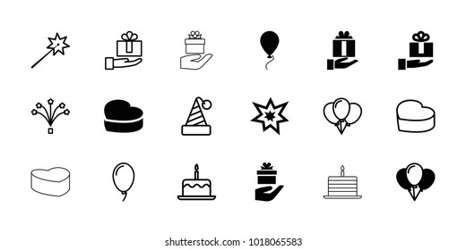 Anniversary icons. set of 18 editable filled and outline anniversary icons: balloon, heart cake, gift on hand, fireworks, cake with one candle, sparklers, party hat
