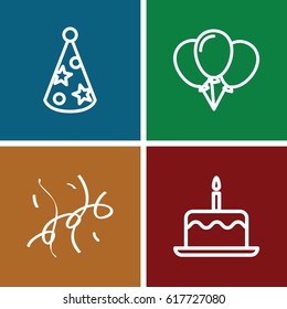 Anniversary icons set. set of 4 anniversary outline icons such as cake with one candle, party hat, confetti