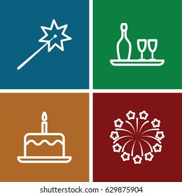 Anniversary icons set. set of 4 anniversary outline icons such as cake with one candle, fireworks, wine bottle and glass
