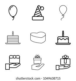 Anniversary icons. set of 9 editable outline anniversary icons such as cake with one candle, gift, party hat, gift on hand, balloon