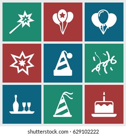 Anniversary icons set. set of 9 anniversary filled icons such as cake with one candle, party hat, fireworks, confetti, balloon, wine bottle and glass