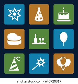 Anniversary icons set. set of 9 anniversary filled icons such as cake with one candle, heart cake, party hat, balloon, fireworks, wine bottle and glass