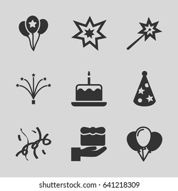 Anniversary icons set. set of 9 anniversary filled icons such as cake with one candle, fireworks, party hat, confetti, balloon, sparklers