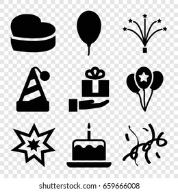 Anniversary icons set. set of 9 anniversary filled icons such as cake with one candle, heart cake, balloon, fireworks, confetti, gift on hand