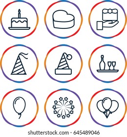 Anniversary icons set. set of 9 anniversary outline icons such as cake with one candle, heart cake, party hat, balloon, fireworks, wine bottle and glass