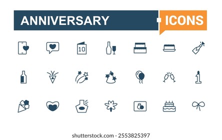 Anniversary icons set in line style. Contains such icons as anniversary, banquet, balloons, celebration, balloons and more. Simple web icons. Vector outline and solid icons collection.