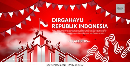 Unabhängigkeitstag der Republik Indonesien. In: Dirgahayu Indonesia. (Englische Übersetzung: Indonesische Unabhängigkeit). Illustration für Banner und Poster