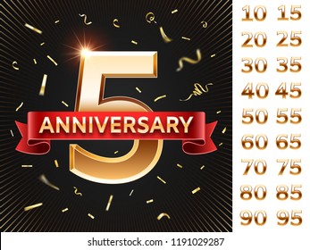 Anniversary invitation card. Celebration cards with golden confetti and gold numbers. Jubilee greeting wedding, happy birthday party or business event corporate greeting vector design template