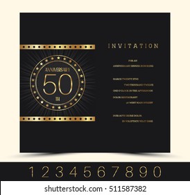 Anniversary invitation card with gold elements. Vector illustration.