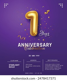 Anniversary invitation card vector template design. 1st year anniversary celebration with number one balloon metallic gold in purple background. Vector illustration anniversary invitation card 