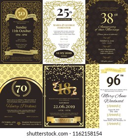 Anniversary invitation vector card inviting to birthday party or wedding celebration background golden design template with gold vintage decoration illustration set