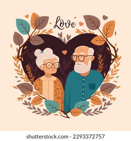 Anniversary invitation vector design template. Illustration with grandfather and grandmother. Grandparents Day. Cute old couple greeting card. Love and devotion concept.
